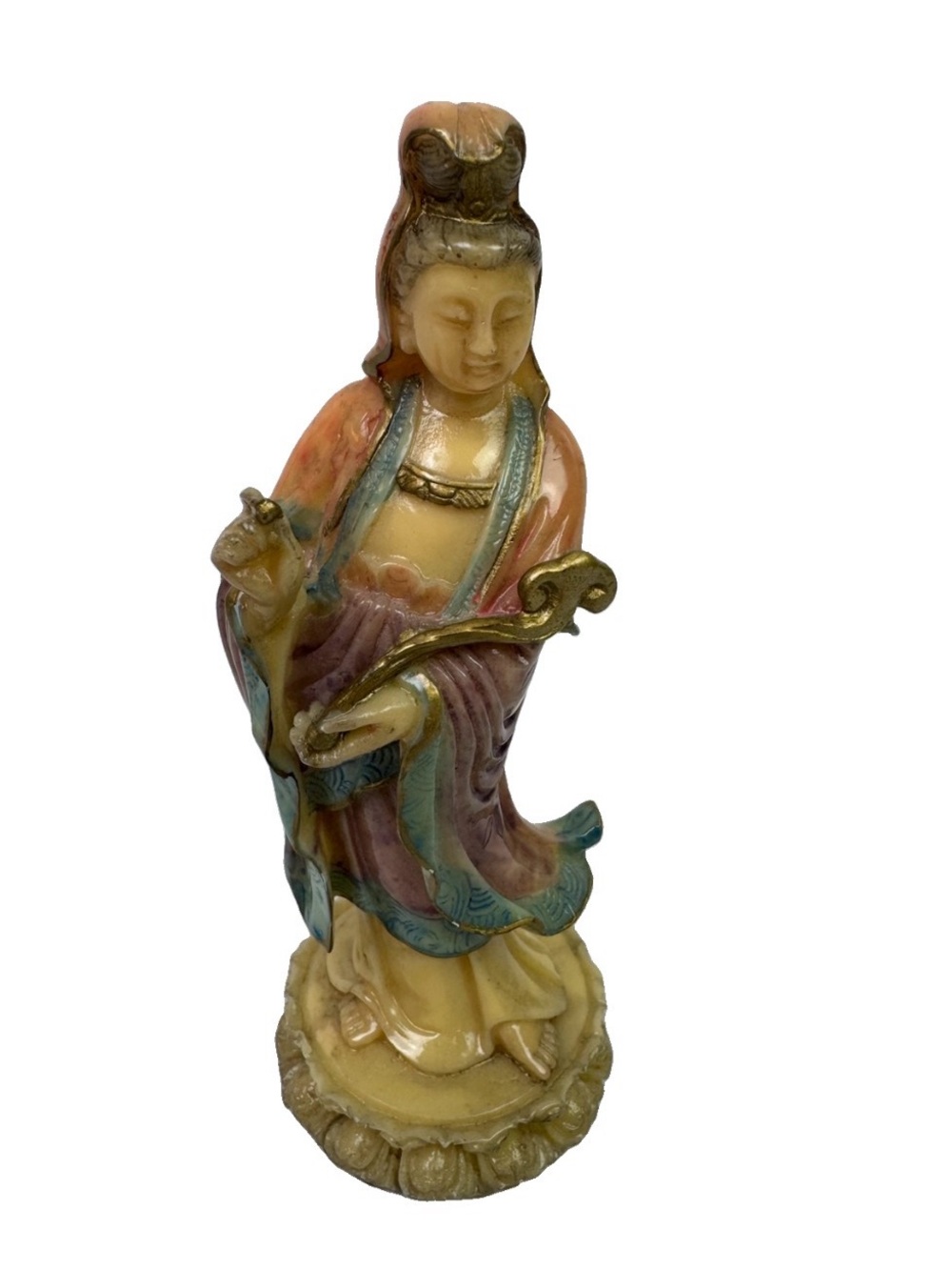 VTG Chinese Guanyin Figure Goodness Of Mercy W/ Ruyi Scepter Lotus Base 6” Decor